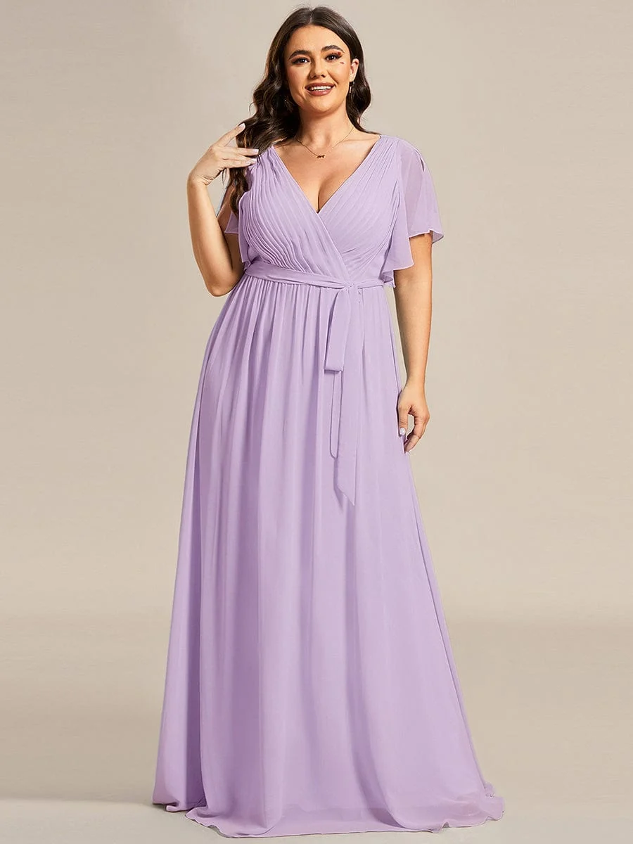 Abendkleid Damen Maxi A-Linie aus Chiffon | Festliches Kleid f��r Hochzeitsg?ste mit V-Ausschnitt und Fl��gel?rmeln