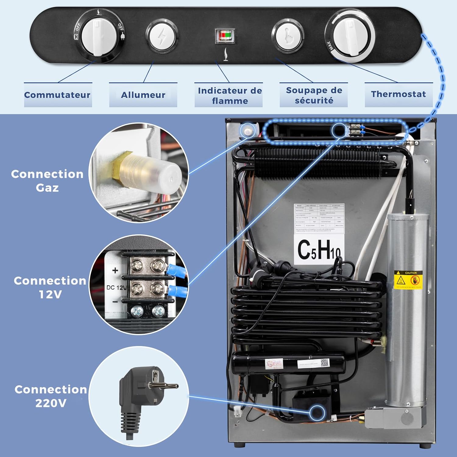 Smad Frigo Gaz, 100L, Frigo Trimixte 12V 220V Gaz, avec Congélateur, Réfrigérateur Camping gaz pour Camping Car, Caravane, Cabanon, Chalet, Noir