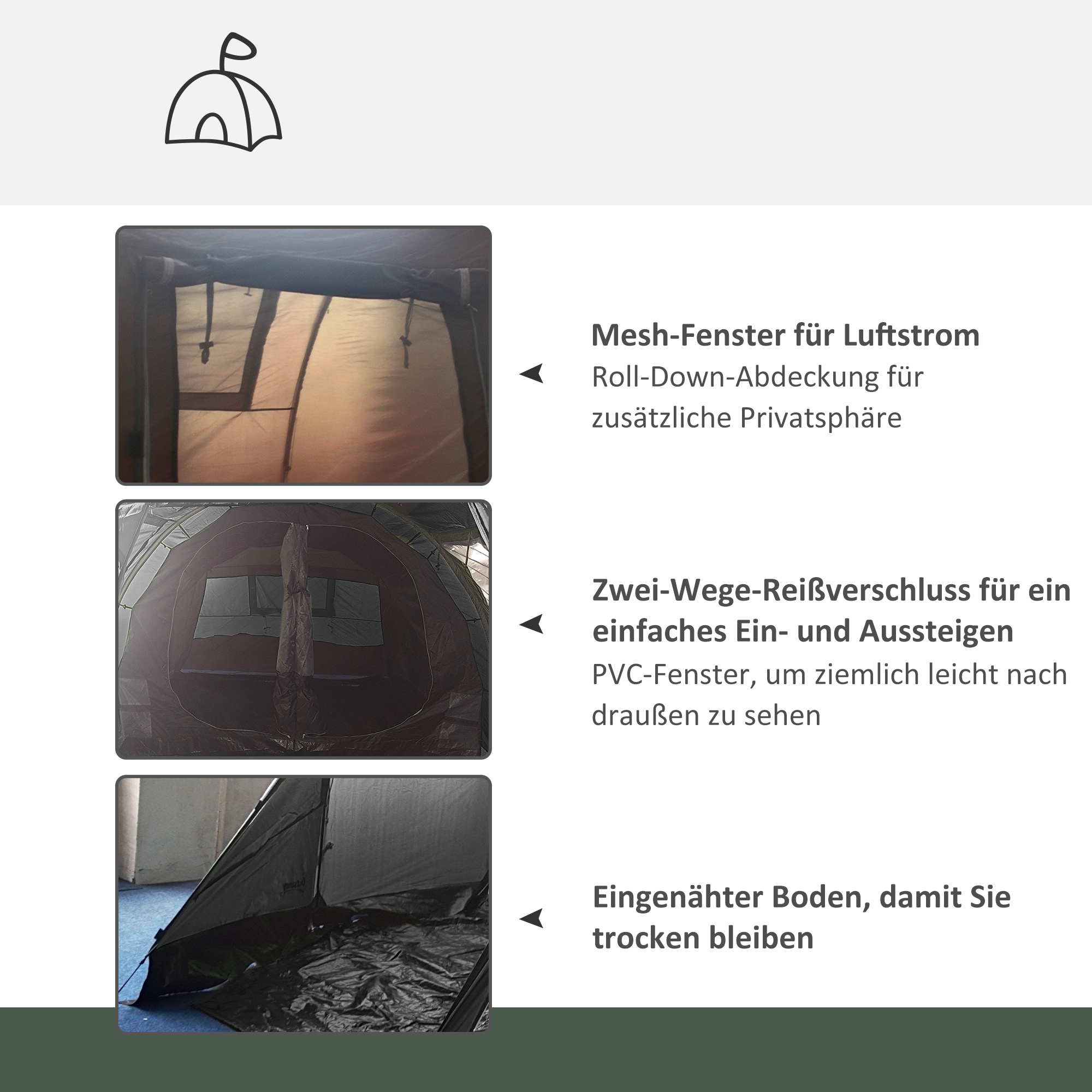 Kampeertent Trekkingtent Tent, weerbestendig, 2 kamers,  475 x 264  cm breedte x 172, Zwart