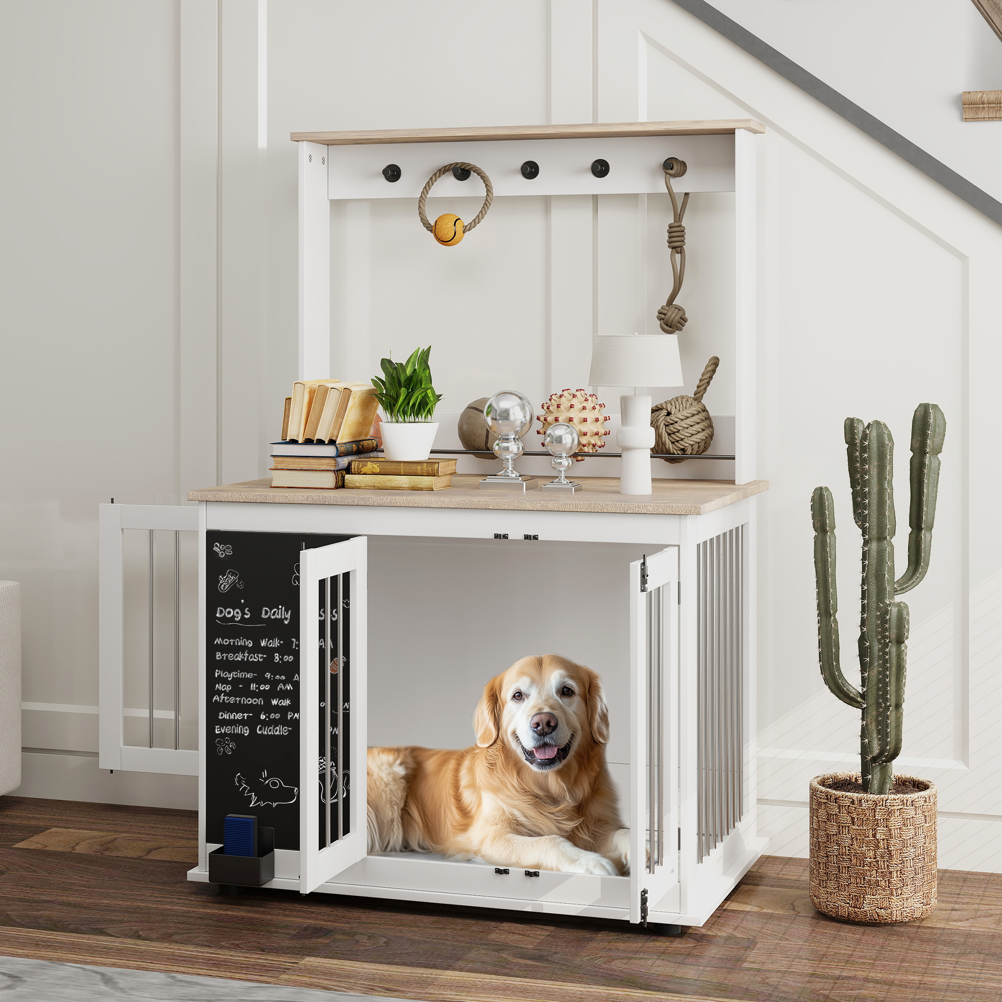 Hondenkooi met opbergplank voor speelgoed, haken voor lijnen, Krijtbord, Gum, voor grote honden, Wit