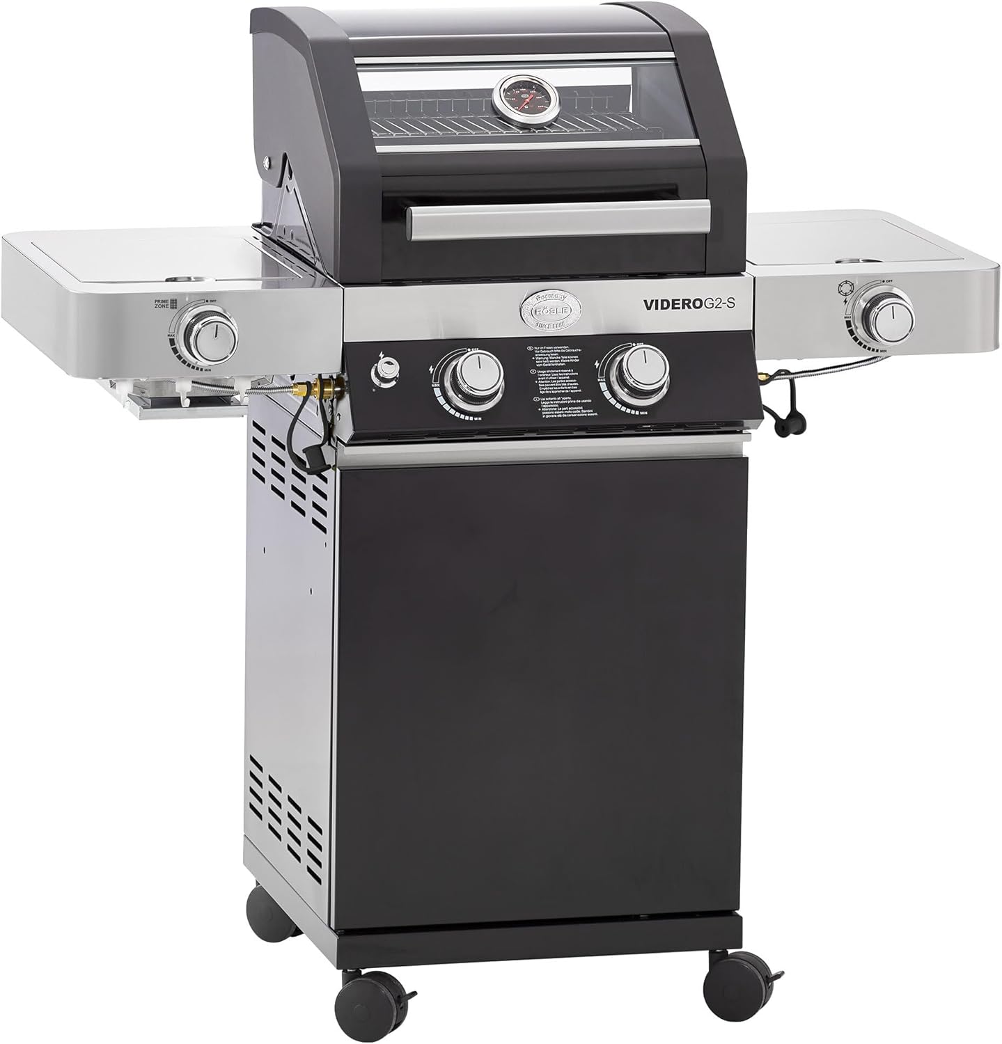 RÖSLE Elektrogrill BBQ-Portable Videro E2-P, tragbarer Tischgrill mit 2 Brennern, Warmhalterost und Deckel mit Glaseinsatz, pulverbeschichteter Stahl, schwarz/silbern