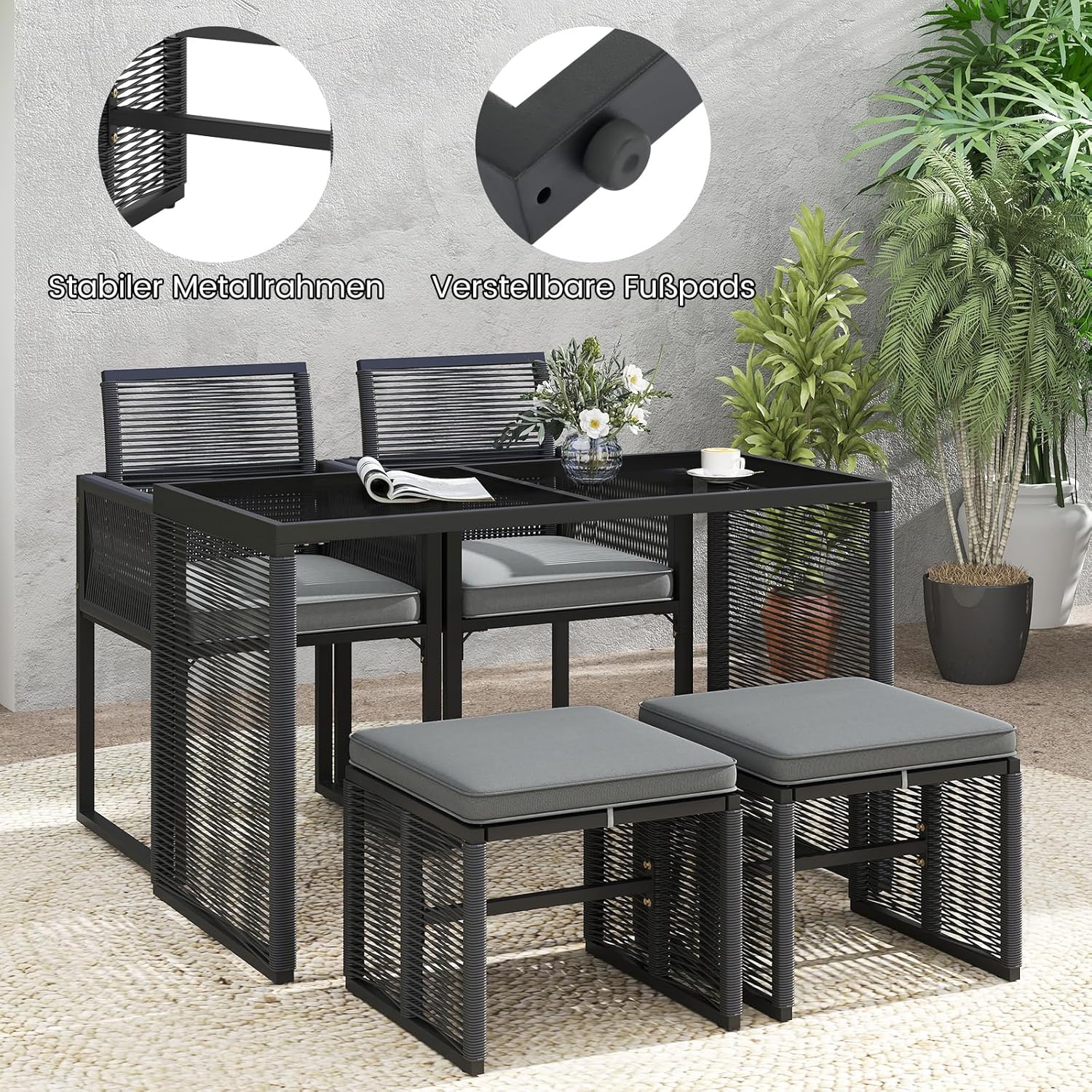 COSTWAY 5tlg. Rattan Gartenmöbel Set, Balkonmöbel, Balkonset inkl. 2 Stühle mit Kissen, Hocker & Tisch, Terrassenmöbel, platzsparendes Gartenset mit klappbarer Rückenlehne, Sitzgruppe für Garten