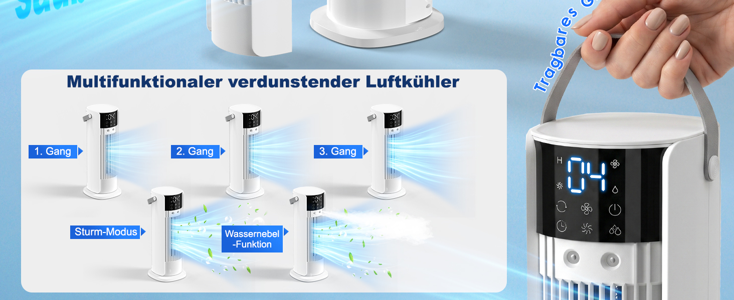 Der Text lautet „Multifunktionaler wandernder Luftbefeuchter“ mit mehreren blauen Textetiketten, die auf Produktmerkmale hinweisen. Das Bild zeigt ein tragbares Luftbefeuchtergerät mit Digitalanzeige und Abbildung mehrerer Produktvarianten oder Modelloptionen.
