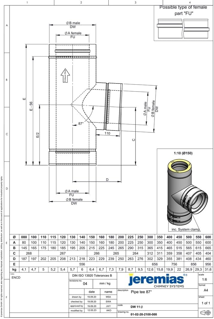 Jeremias DW-FU T-Anschluss 200mm 87 Grad Edelstahl mit Wassernase doppelwandig für Abgasanlage Öl Gas Festbrennstoffe CE-zertifiziert