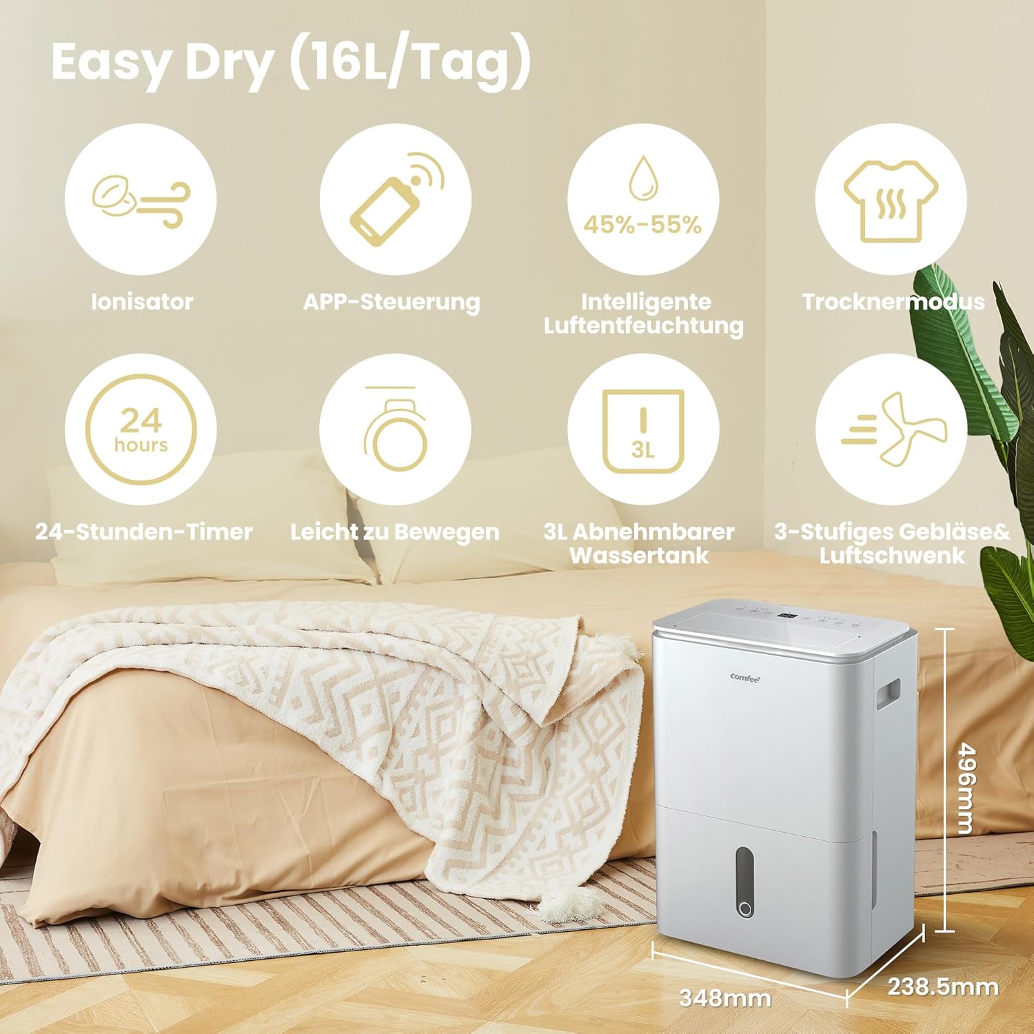 Comfee Luftentfeuchter, 30L/24h, Raumgröße ca. 180m³(80m²), Intelligenter Entfeuchtermodus, 24H Timer, Wassertank 3L, MDDP-30DEN7