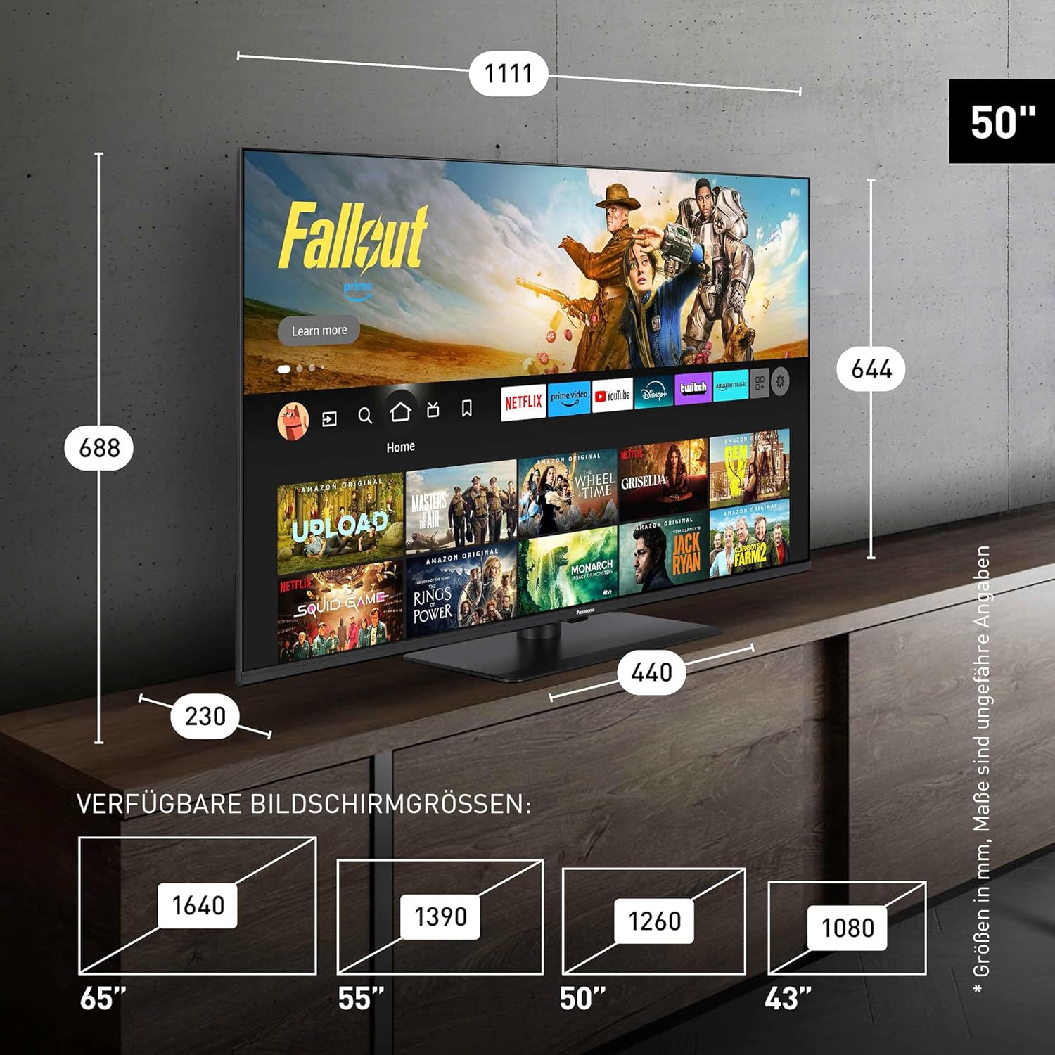Panasonic Premium TV-50W85BEZ, W85B Serie, 50 Zoll, 4K Ultra HD QLED Smart TV, 2025, 120 Hz, Fire TV, Dolby Vision und Atmos, Game Mode Extreme, Alexa, Apple Support, Bluetooth, Schwarz