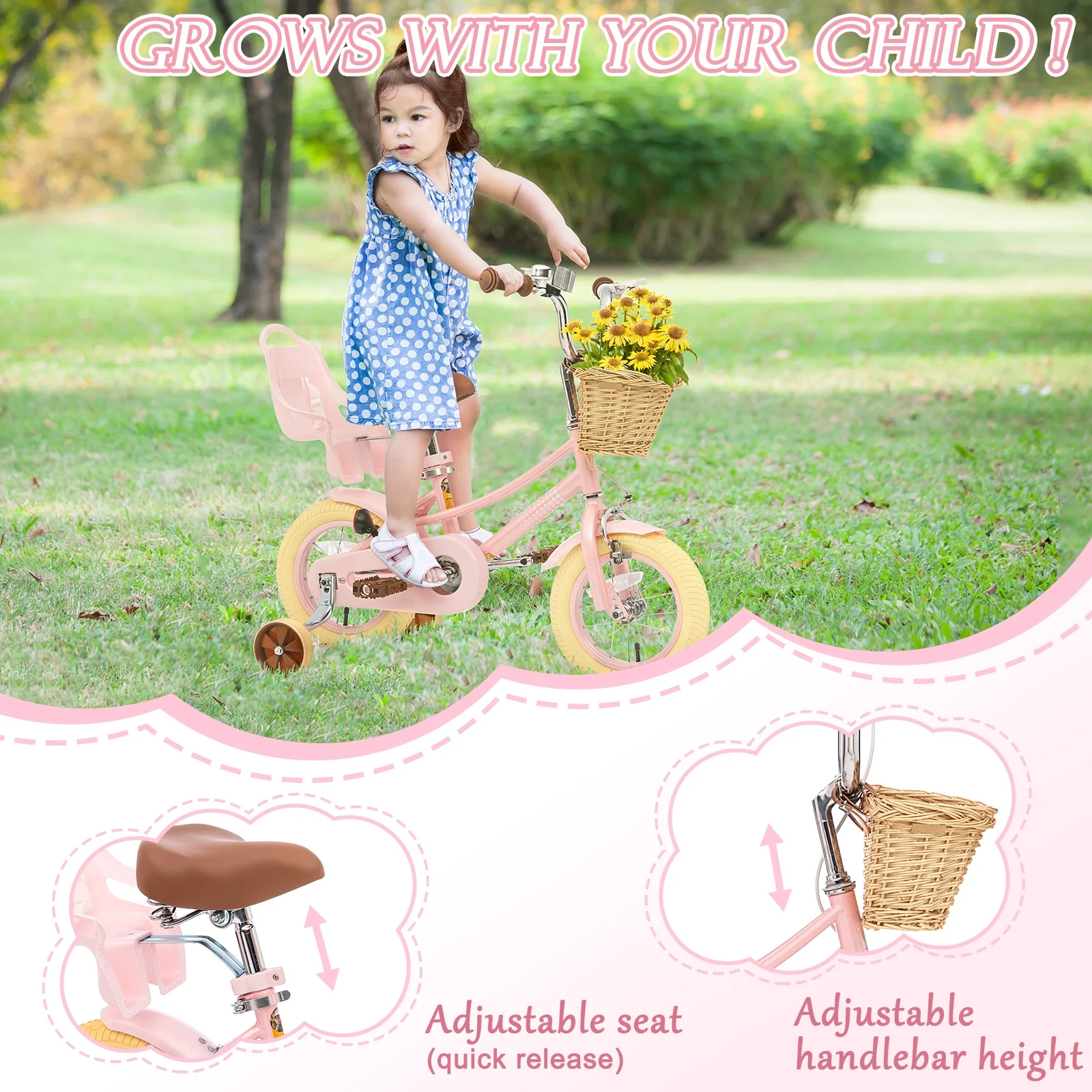 XJD Girls Bike for Toddlers and Kids Ages 2-12 Years Old,12 14 16 Inch Kids Bike with Training Wheels & Basket, 20 Inch Girls Bicycle with Handbrake & Kickstand