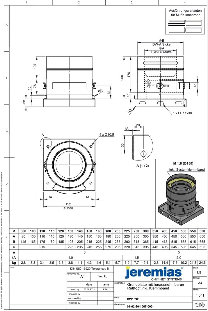 Jeremias DW-FU Edelstahl Grundplatte 300mm herausnehmbarer Rußtopf doppelwandiges Abgassystem CE-zertifiziert für Öl Gas Festbrennstoffe
