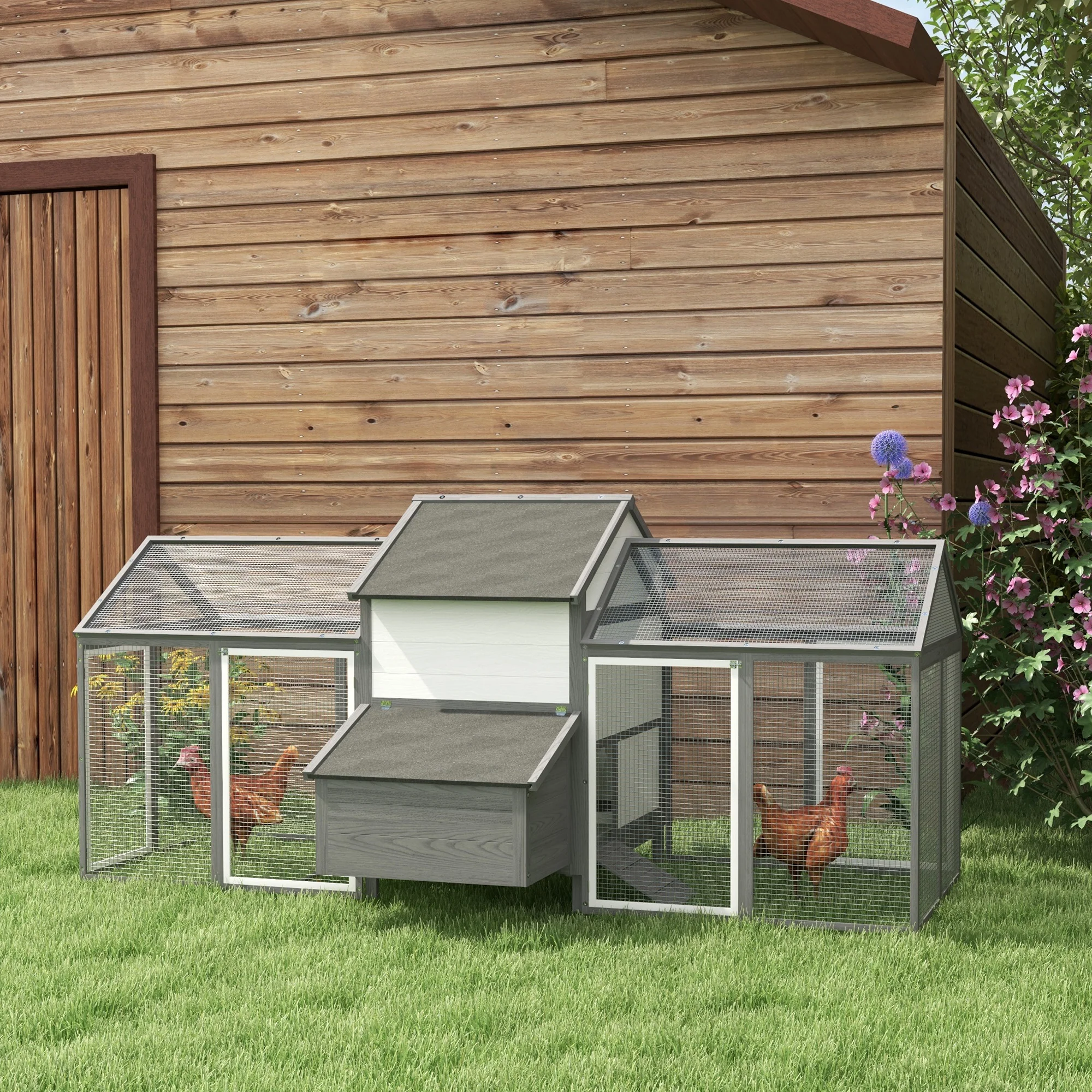 PawHut Kippenhok Konijnenhok 2 Buitenkooien, 1 Nestkast, 2 Ramps, Asfaltdak, Weerbestendig, Grijs