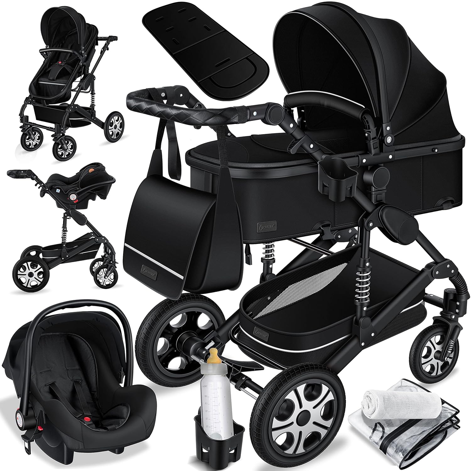 KESSER® Loops 3 in 1 Kinderwagen Kombikinderwagen Komplett-Set inkl. Babywanne & Buggy Sportsitz & Auto-Babyschale Voll-Gummireifen Wickeltasche Regenschutz Kindertisch ECE R129, Schwarz/Champagne