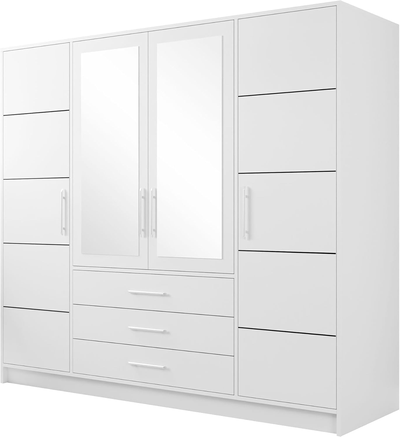 Drehtürenschrank Bado 4D, Kleiderschrank mit Spiegel, Schubladen und Spiegeltüren, Elegantes Schlafzimmer Schrank, Jugendzimmer (Weiß)