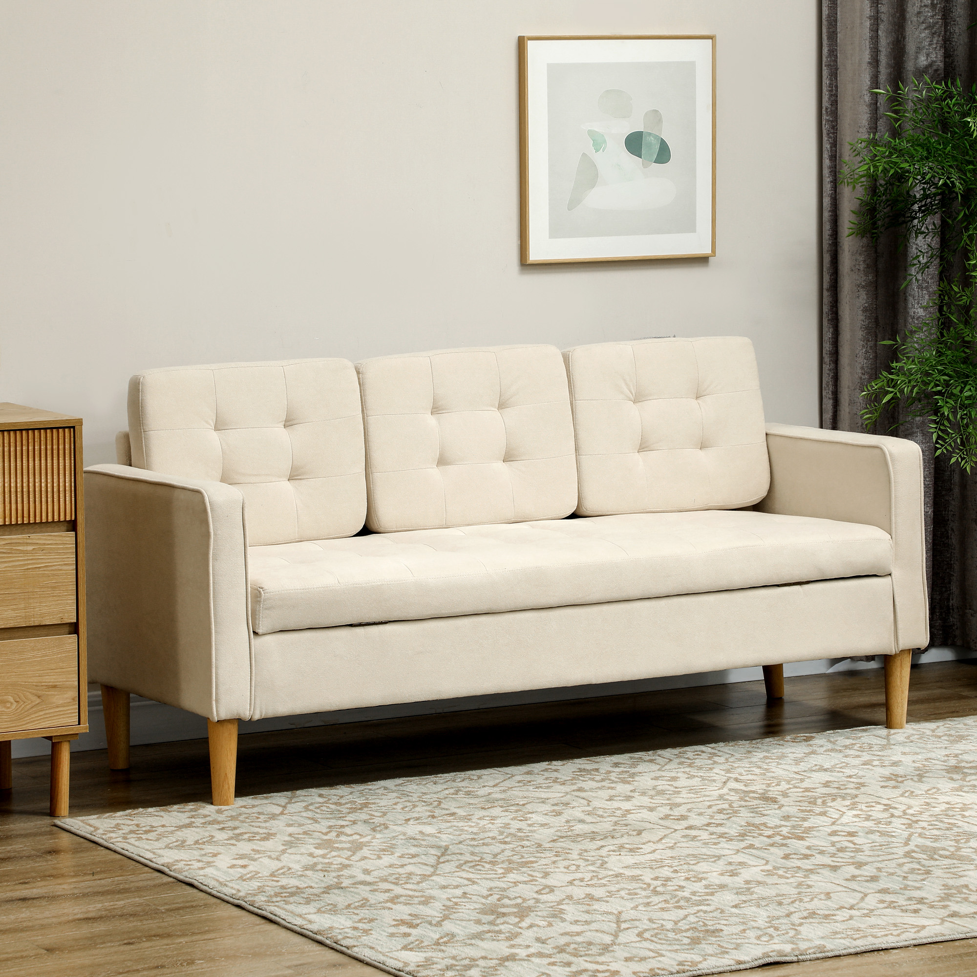 3-Zits Sofa met Opbergruimte, Knoopstiksel, Gepolsterde Bank, 166,5 x 62 x 82 cm, Cr��mewit