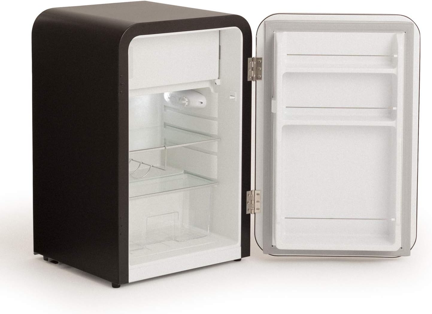 CREATE / RÉTRO FRIGO 83.5 ARGENT/Réfrigérateur noir avec poignée or / 98W, basse consommation, 2 étagères, régulateur de température, porte-bouteilles, 56x54x84cm.