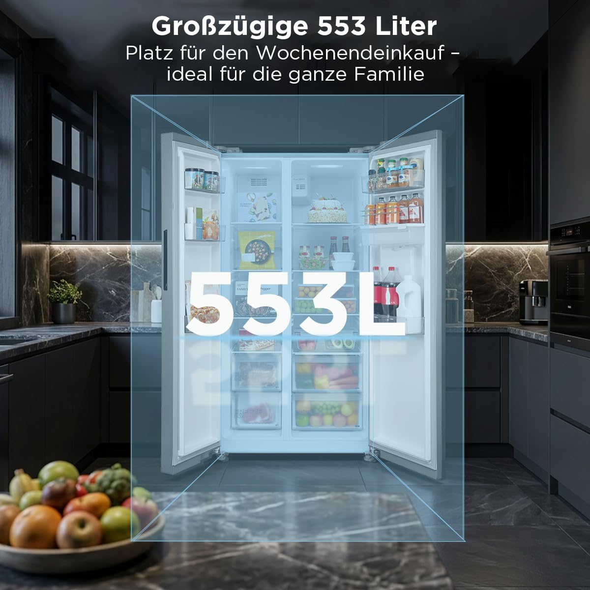 Midea Side by Side Kühlschrank MDRS710FGD46W, 553L XXL-Kapazität, Wasserspender, Inverter Kompressor, SuperCool & SuperFreeze, 360° Multi-Air Flow, No-Frost, 37dB Leise, Steel Gray