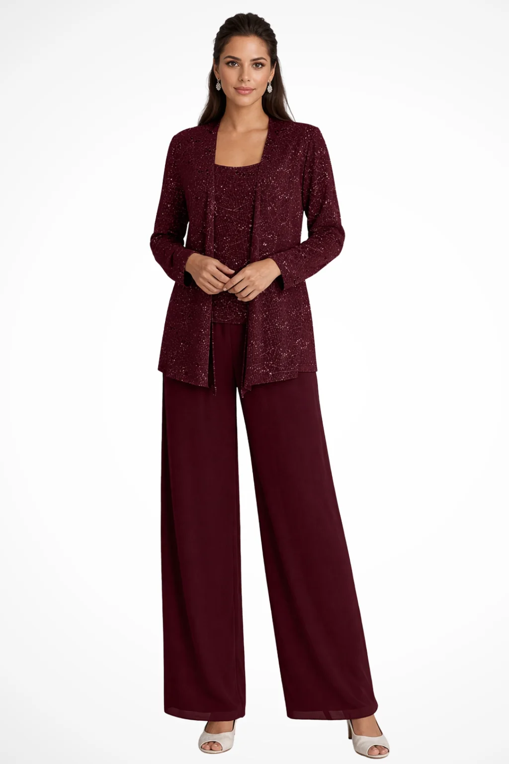 Damen Hosenanzug 3-teilig festlich | Set mit Pailletten-Spitzenjacke und weiter Hose | Elegantes Outfit f��r Hochzeitsg?ste