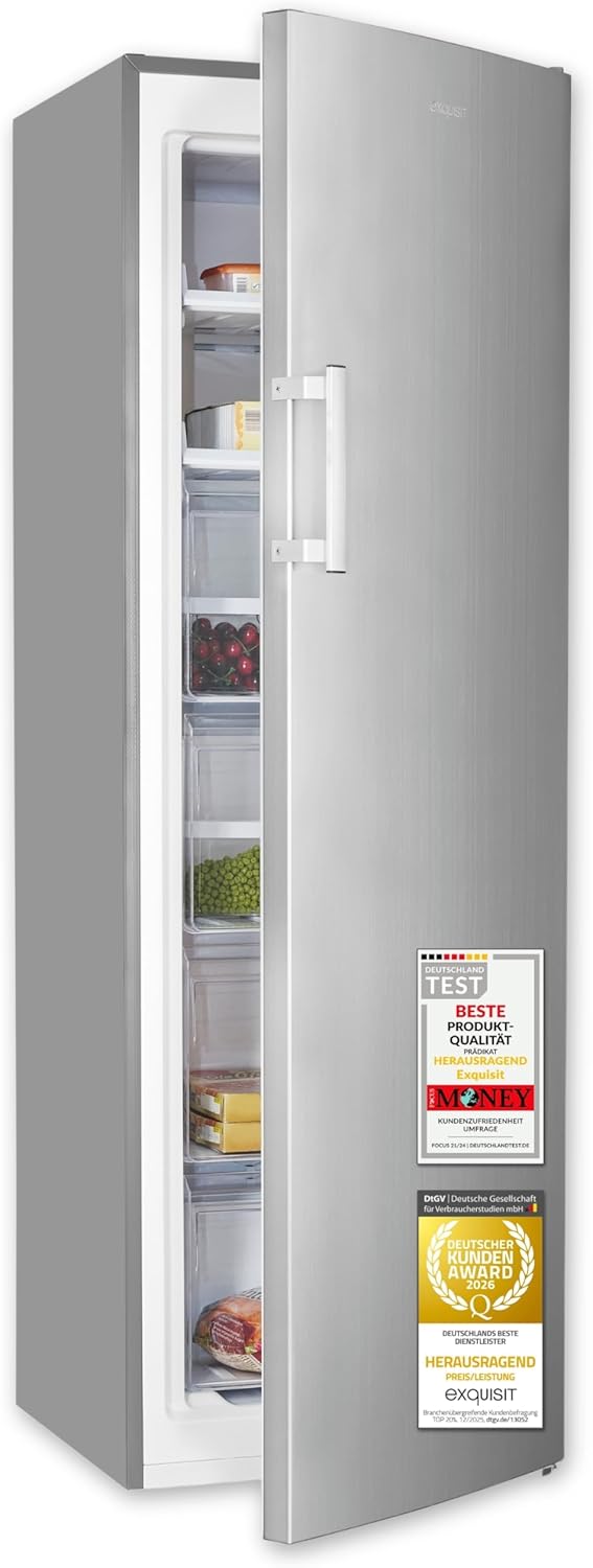 Exquisit Gefrierschrank 204 l Nutzinhalt, Energieklasse E, 39 dB(A) NoFrost, Schnellgefrieren, elektronische Temperaturregelung, Türalarm, hohe Bauform für mehr Stauraum GS5271-NF-H-040E weiss