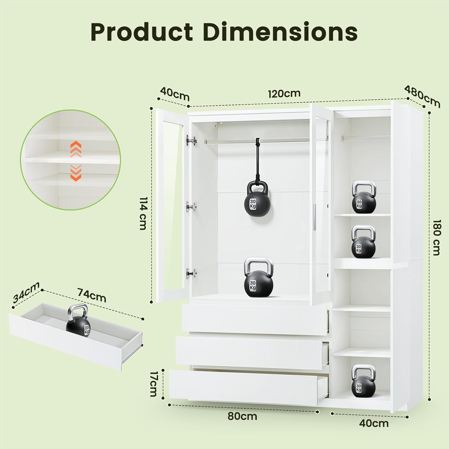 Dripex Vier Tore Schrank, Minimalistischer Wardrobe Closet mit Einer Kleiderstange und 3 Schubladen | 120 x 48 x 180cm | Weiß, Kleiderschrank für Schlafzimmer Kleiderschränke