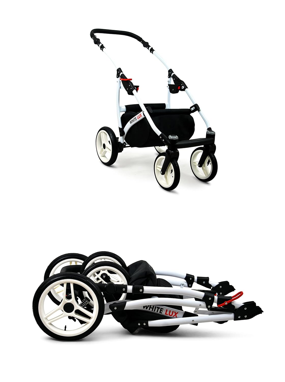 BabyLux® Bambimo Kinderwagen Set 3 in 1 - White Lux - incl. Babywanne, Buggy Sportsitz, Auto-Babyschale - Autositz - Kinderwagenset - Kombikinderwagen mit Wickeltasche, Regenschutz usw.