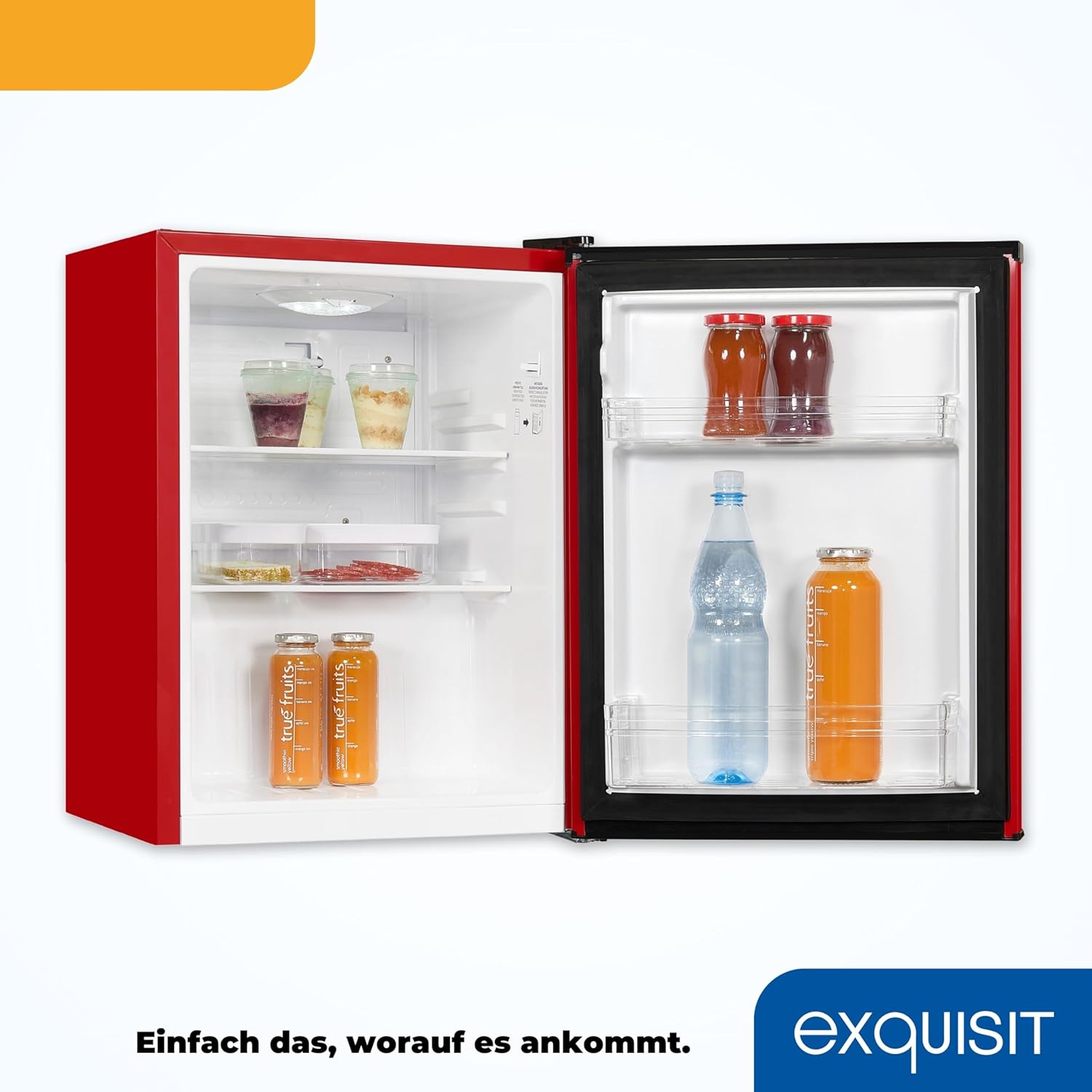 Exquisit Mini Kühlschrank KB60-V-090E rot | 52 l Nutzinhalt | LED-Innenbeleuchtung | Glasablagen | 45cm Breite