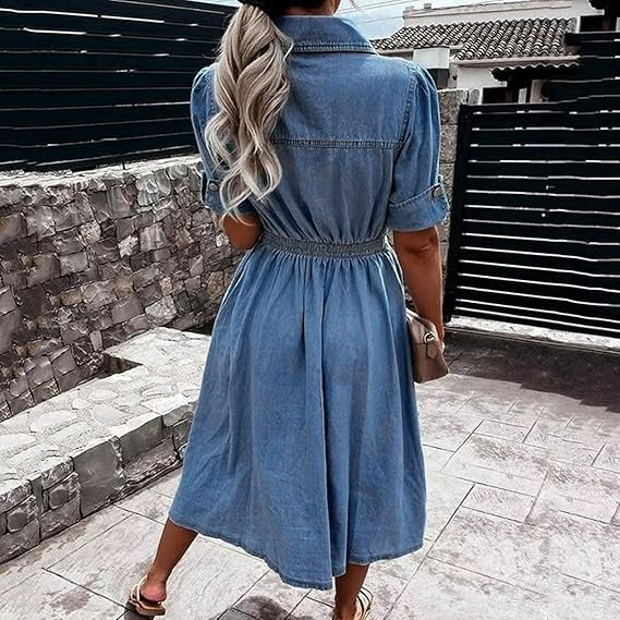 Jeanskleid Damen Midi mit Knopfleiste | Lockeres Denim Kleid mit elastischer Taille | Bequemes Freizeitkleid f��r jeden Tag