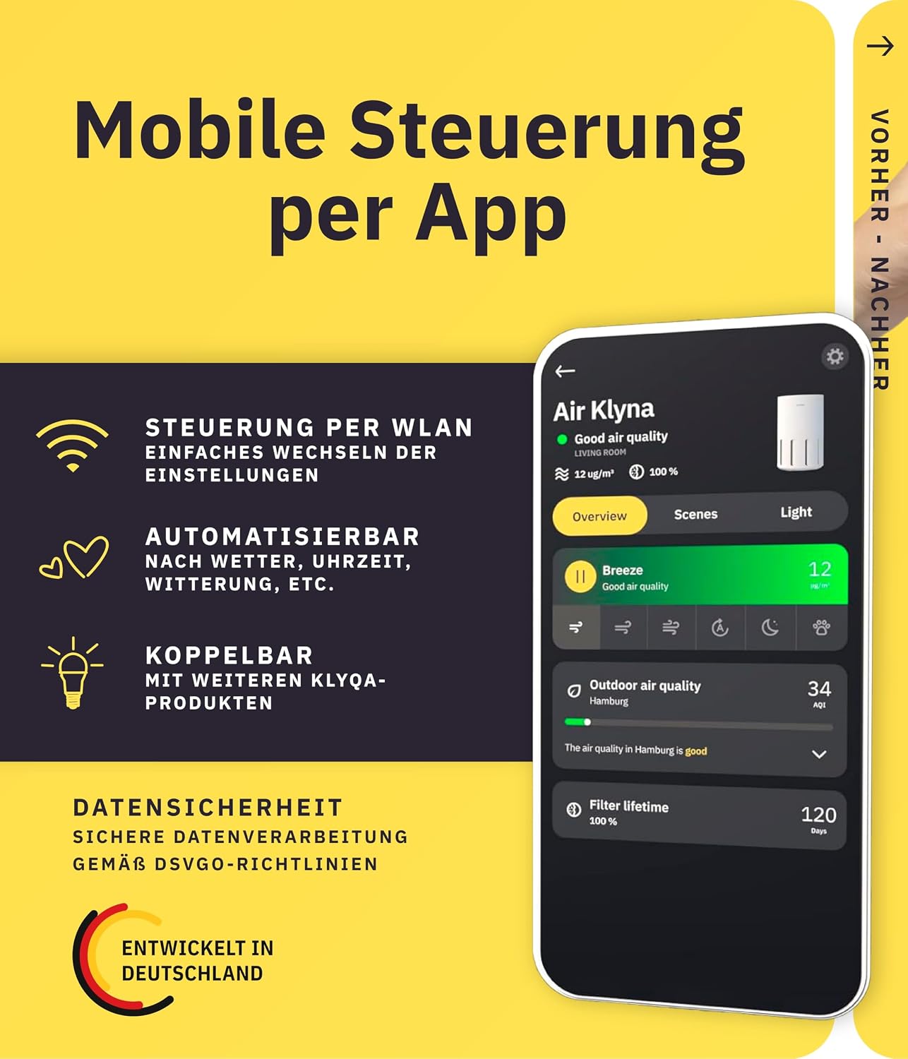 Klyqa Luftreiniger Allergiker 360° HEPA-Filter Pet entfernt 99,99% der Tierhaare, Staub & Pollen I 300 CADR I 21,5Db Geräuscharmer Luftfilter I Smart Air purifier gegen Tierhaar I Server in DE