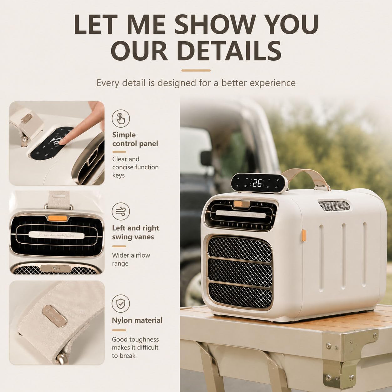 Tragbare Klimaanlage (4800 BTU) für Campingzelt und Wohnmobil,Schnellkühl-Klimagerät,420 W geringer Stromverbrauch, Luftentfeuchter, Schlafmodus,12-Stunden-Timer, Fernbedienung