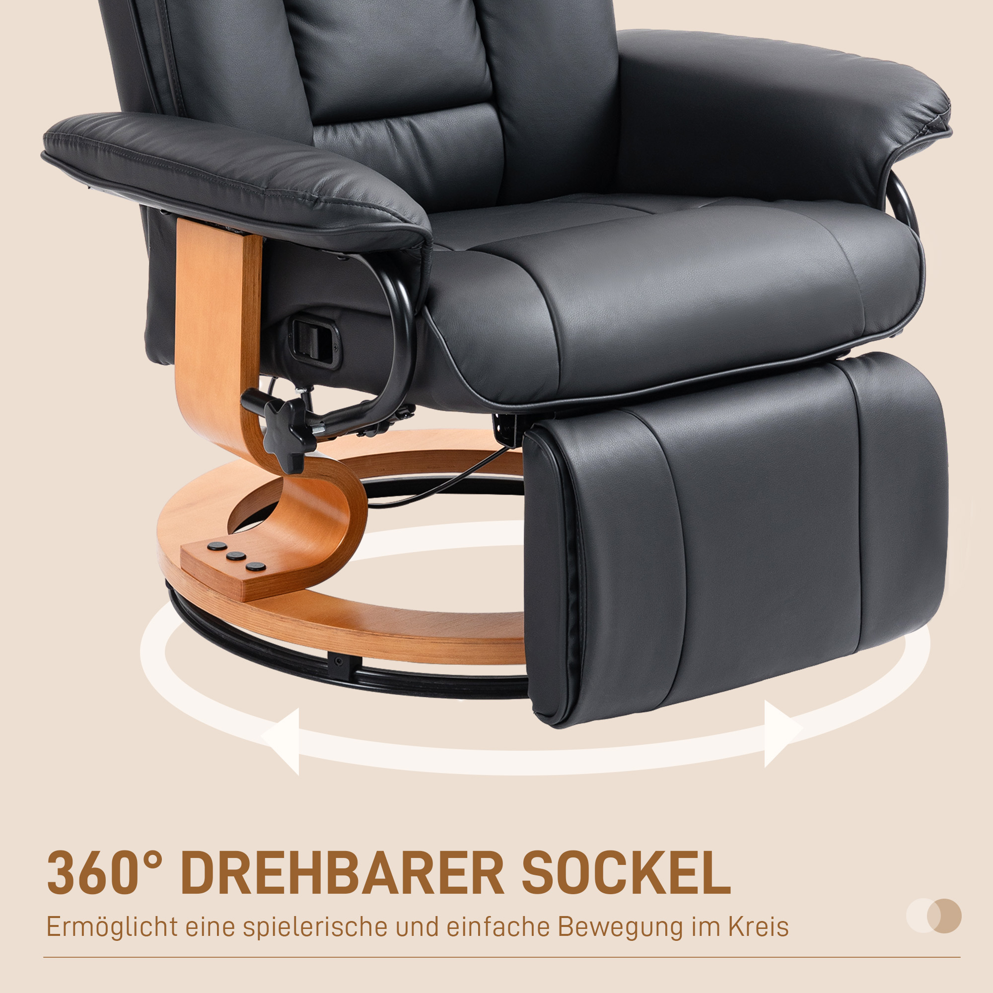 Relaxstoel met Ligfunctie, Draaibaar, tot 150 kg, Kunstlederbekleding, Stalen Frame, Zwart