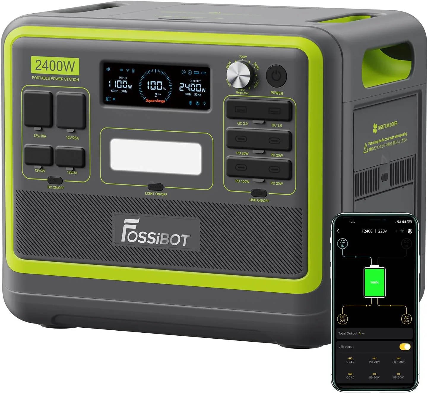 FOSSiBOT F2400 Generator solarny, 2048 Wh LiFePO4 akumulator zapasowy z wyjściami 24000 W AC (4600 W Peak)(F2400 Zielony)