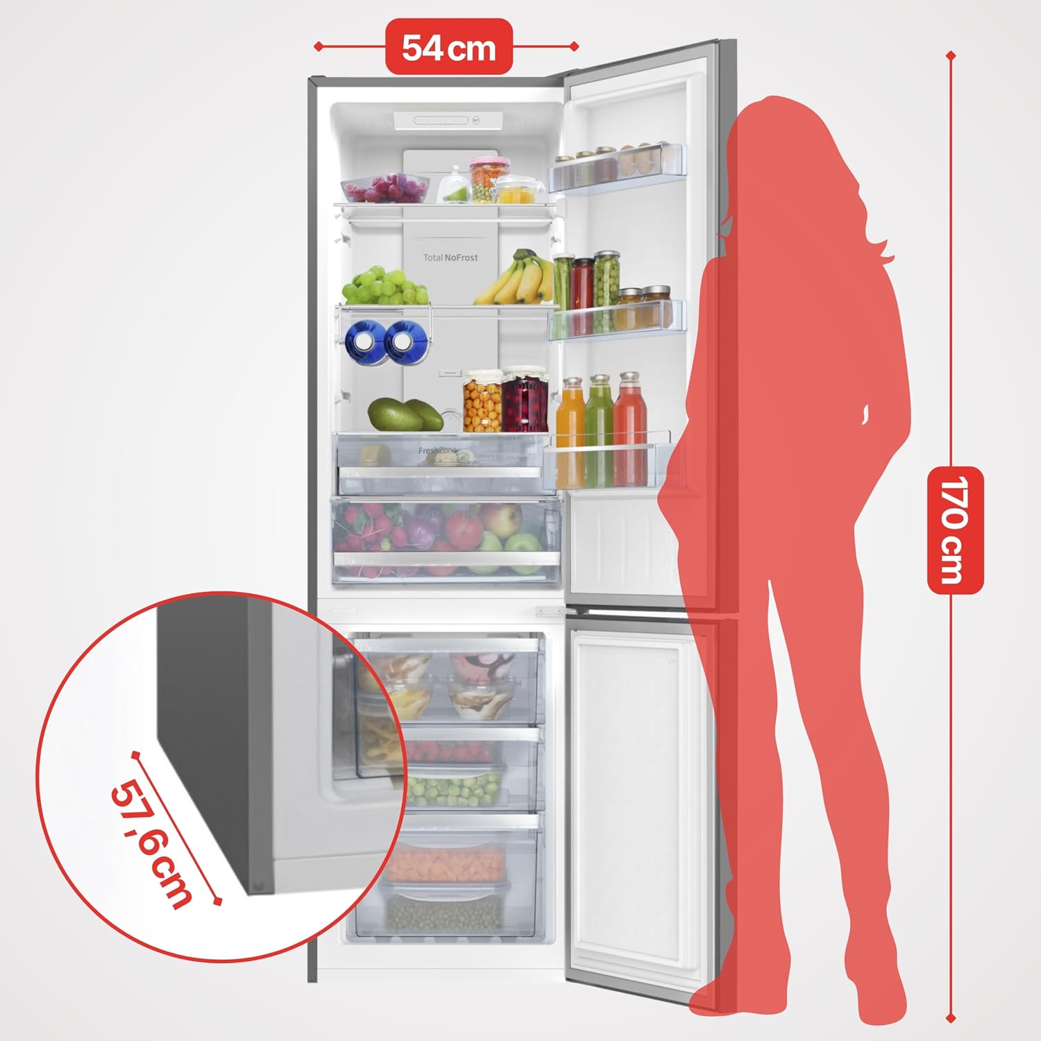 Amica Kühl‑Gefrierkombination freistehend 231 l Total NoFrost FreshZone VitControlPlus Superkühlfunktion 170 x 54 x 57,6 cm – Kuehlschrank Freistehend Edelstahloptik