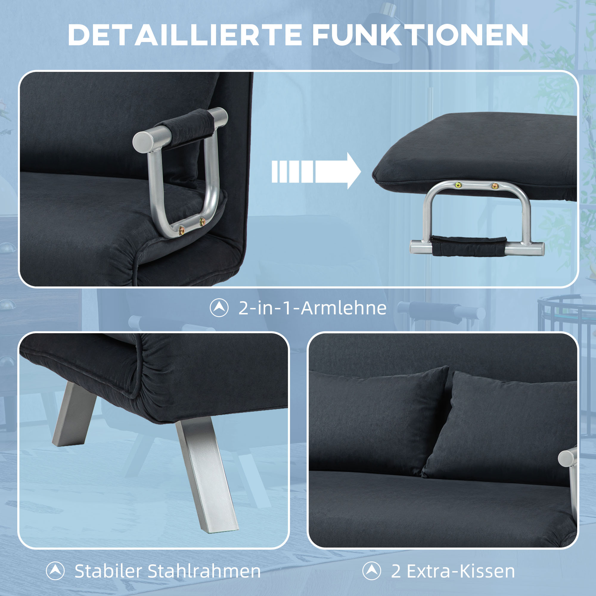 Slaapbank, 5-voudig verstelbaar, Su��de-imitatie, Stalen frame, Incl. kussen, Zwart