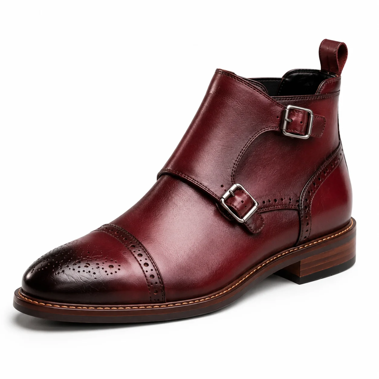 Men��s Burgundy Double Monk Strap Boots �C Brogue Cap Toe Design