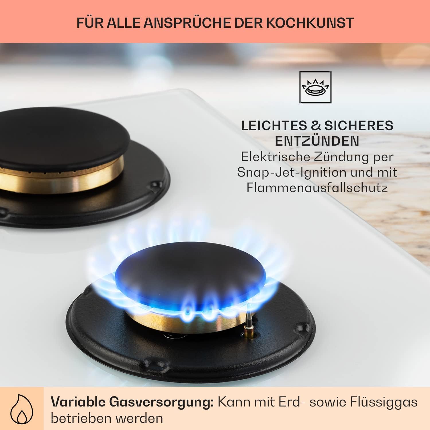 Klarstein Gasherd, Gaskochfeld 5 Flammen, Einbau-Gaskocher für Zuhause & Wohnmobil, Campingkocher mit Glasplatte, Gasherd für Propan- und Erdgas, Edelstahl Gas-Herdplatte Wok Brenner 10400 Watt