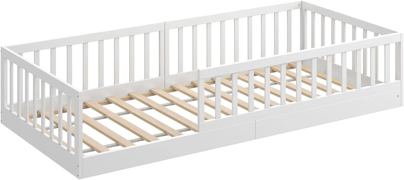CADANI Timi 2-in-1 Vloerbed 140x200 cm Montessori Kinderbed met uitneembare valbeveiliging incl. lattenbodem, massief grenenhout, wit - 3 opbouwmogelijkheden, belastbaar tot 200 kg, ombouwbaar
