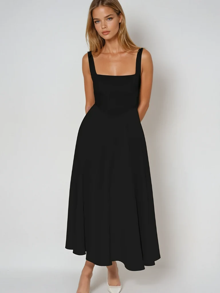 ?rmelloses Midikleid f��r Damen mit quadratischem Ausschnitt - Elegantes Kleid mit taillierter Passform und flie?endem Rock