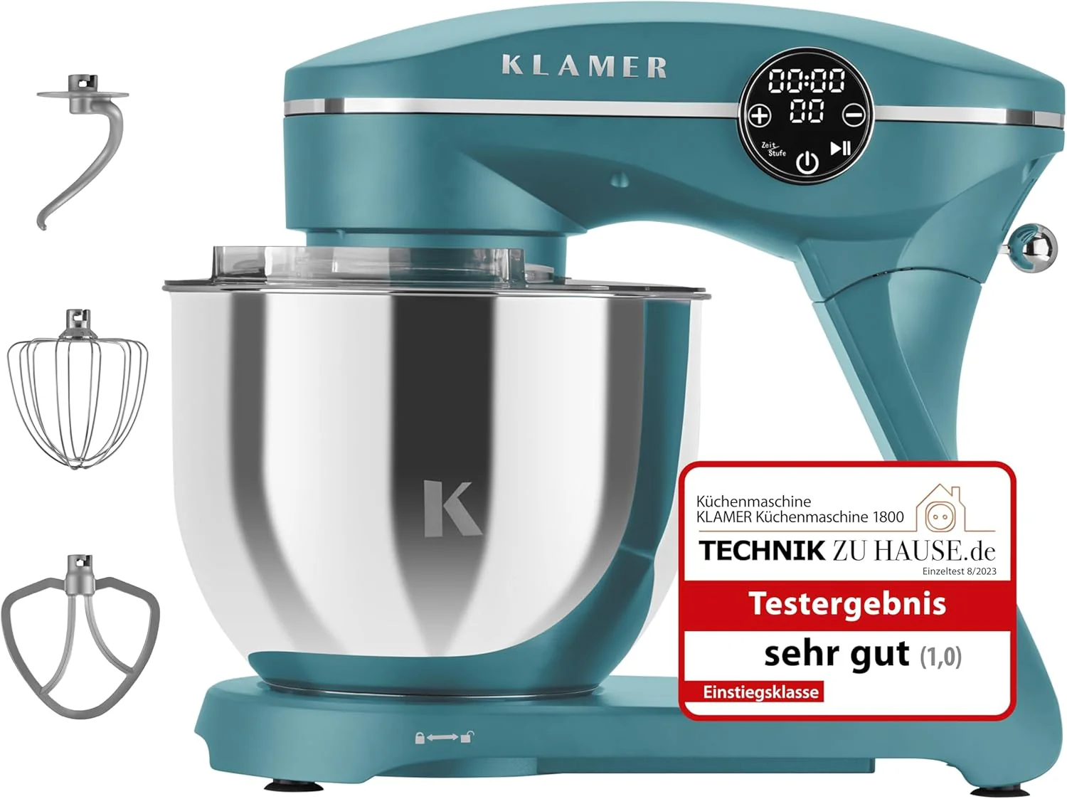 KLAMER Keukenmachine 1800W, Kneedmachine met 6 Liter RVS Kom, 10 Snelheidsstanden met Timer, Klopper, Deeghaak, Garde en Spatdeksel