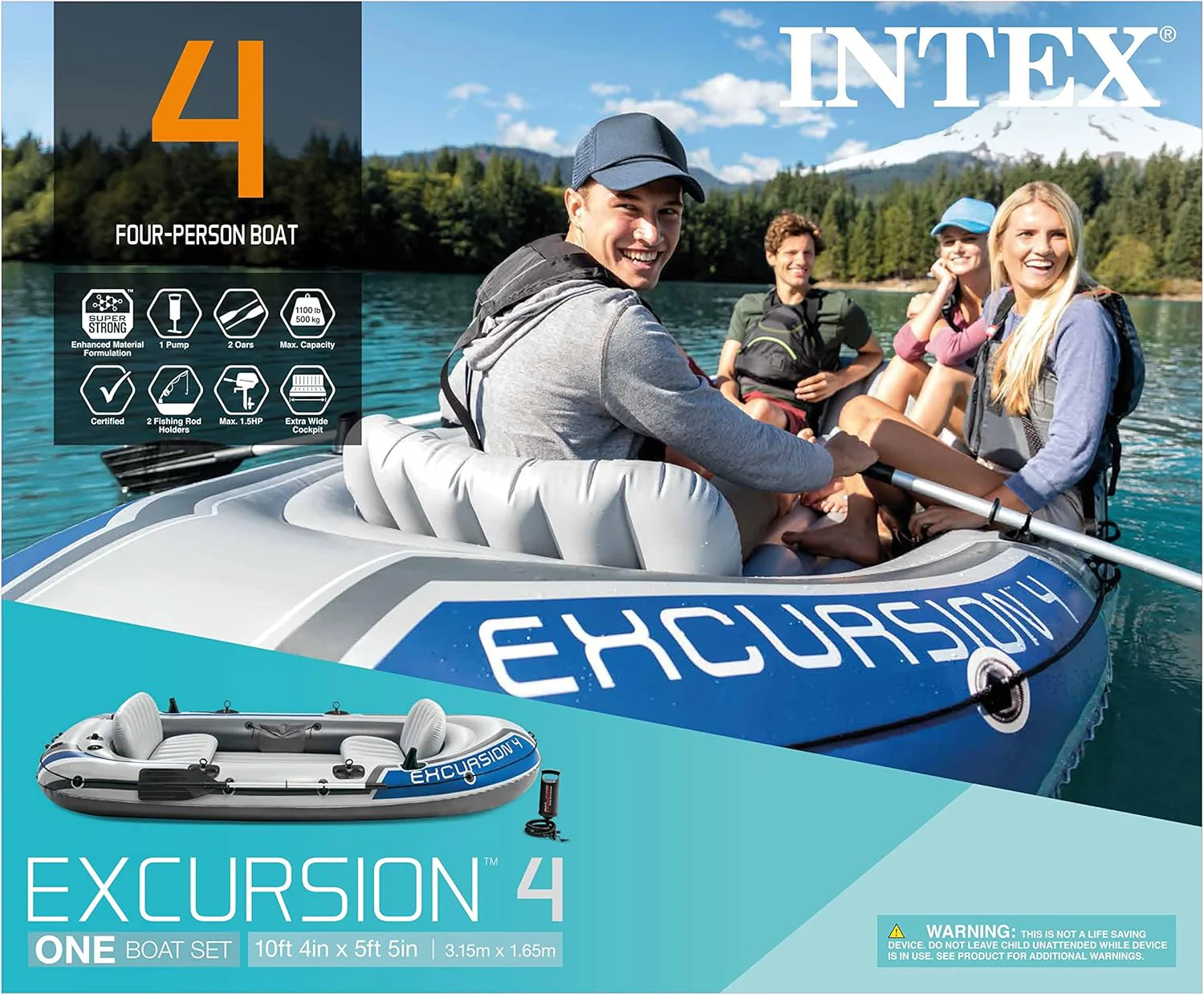 INTEX Excursion Inflatable Boat Series: Includes Deluxe 54in Boat Oars and High-Output Pump ?C SuperTough PVC ?C Adjustable Seats with Backrest ?C Fishing Rod Holders ?C Welded Oar Locks