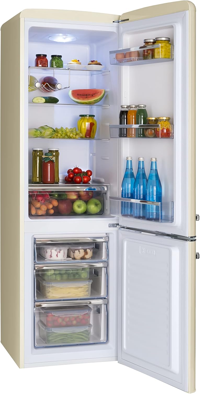 Amica Retro Kühlschrank freistehend mit Gefrierfach 244 l LED Beleuchtung Glasablagen Chrom Flaschengitter 181 x 55 x 62 cm Beige - Kühl Gefrierkombination