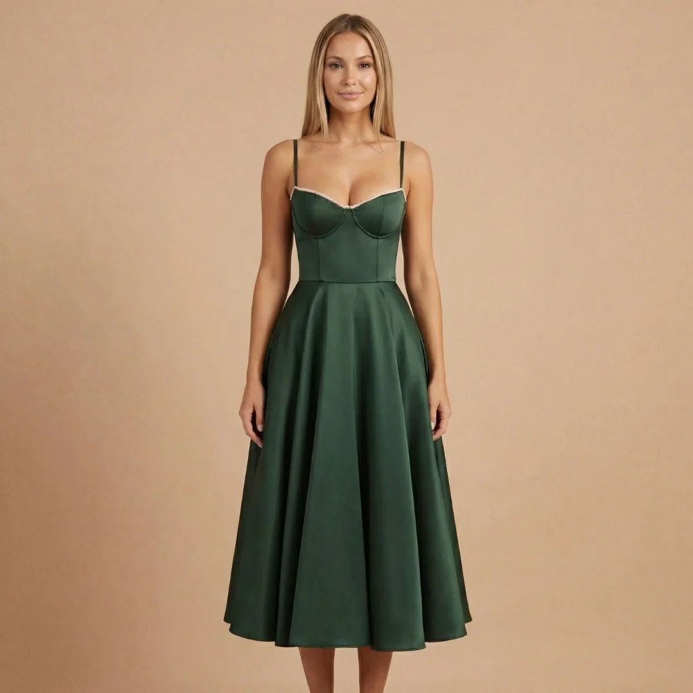 Damen Cocktail-Midikleid mit Herzausschnitt und ausgestelltem Rock