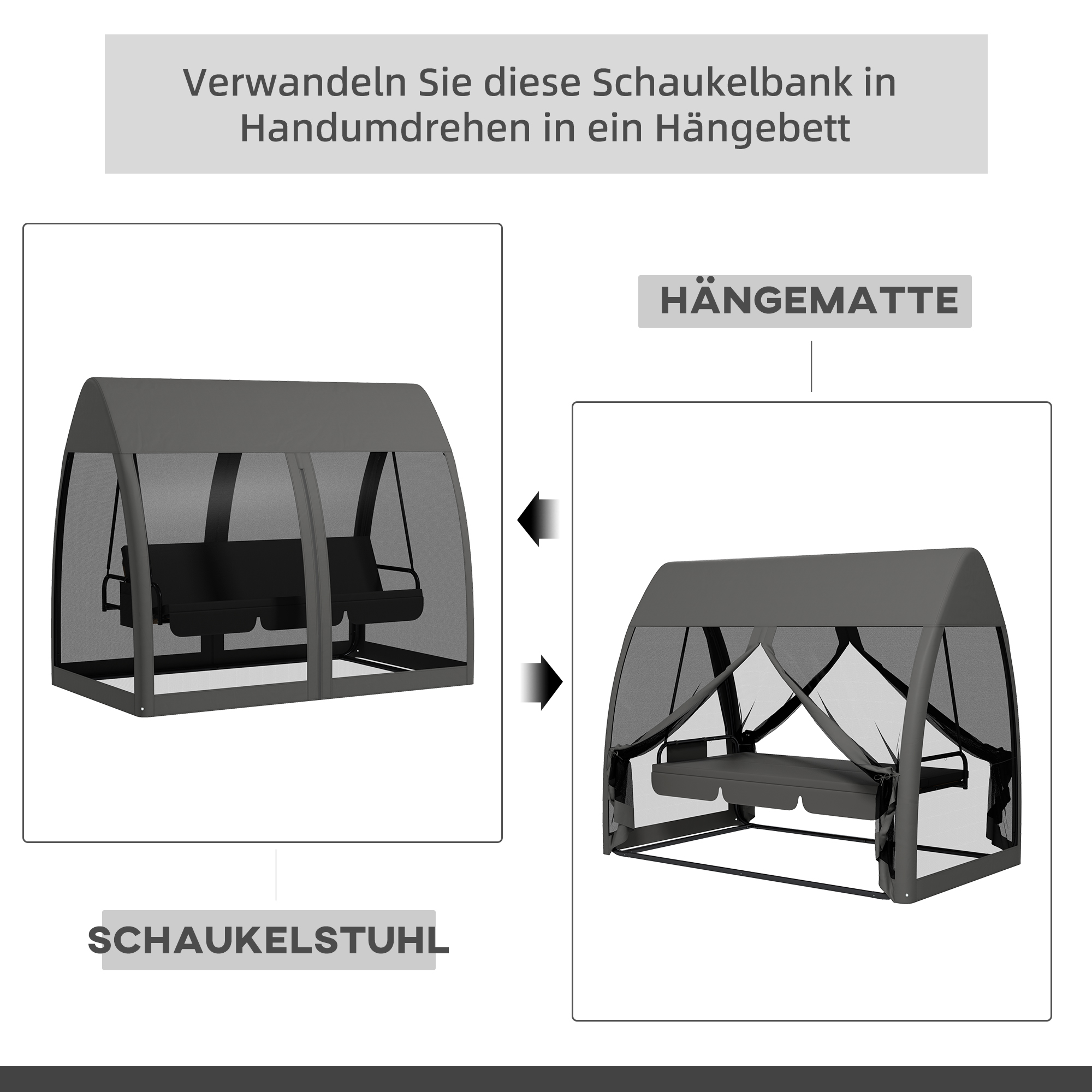 3-zits terrasschommel, verandaschommel met bedfunctie, Hollywoodschommel met muggennet en stalen frame, Grijs