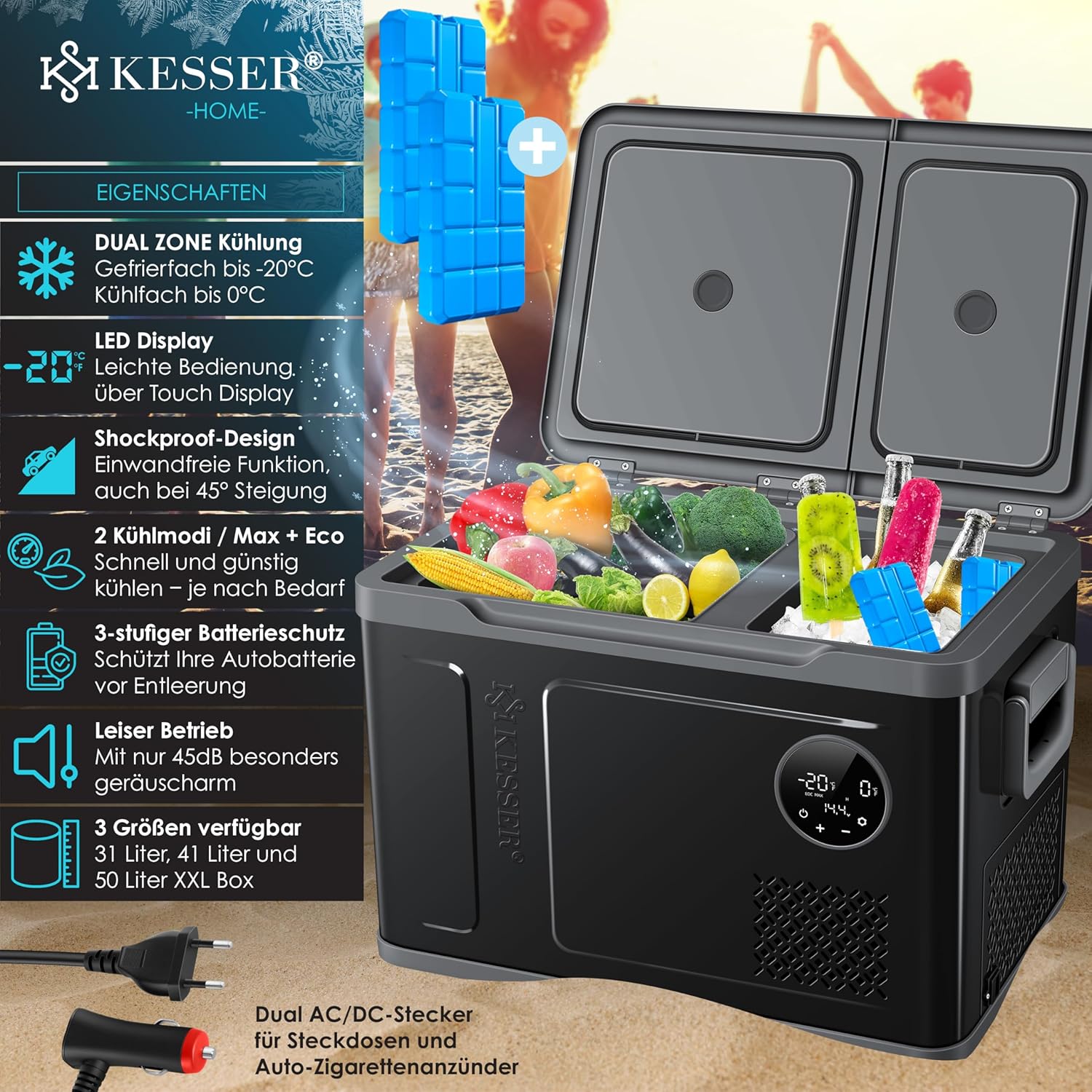 KESSER Kompressor Kühlbox 2in1 Doppelzone Kühl & Gefrierfach elektrische Gefrierbox mit 2x Kühlakkus & LED-Touch-Bedienung | Kühlschrank Kühlung bis -20 °C für Camping, Auto, Lkw 12/24V 230V
