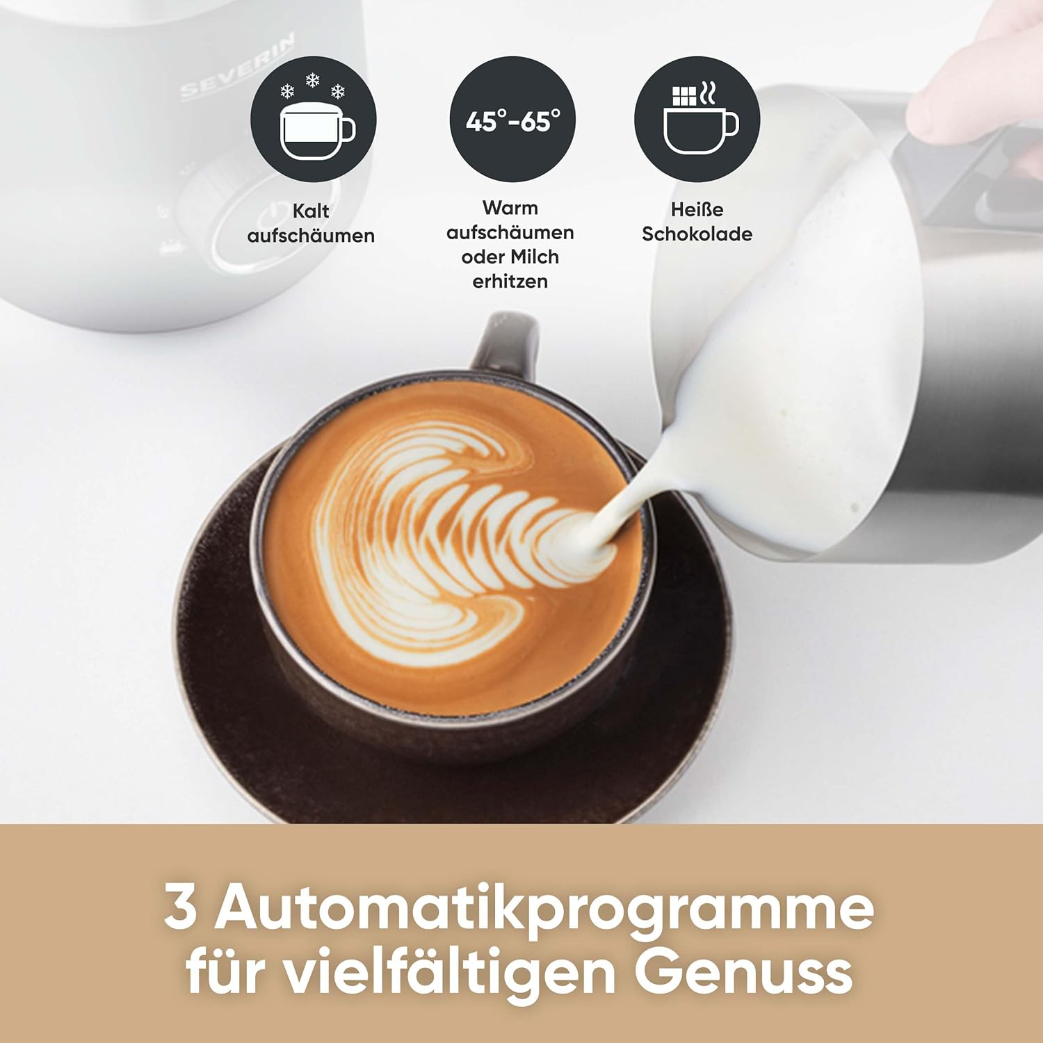 SEVERIN SPUMA 700 Induktions-Milchaufschäumer, elektrischer Milchaufschäumer ohne Anbrennen, spülmaschinengeeigneter Milchschäumer, Edelstahl-gebürstet/schwarz-matt, SM 3586
