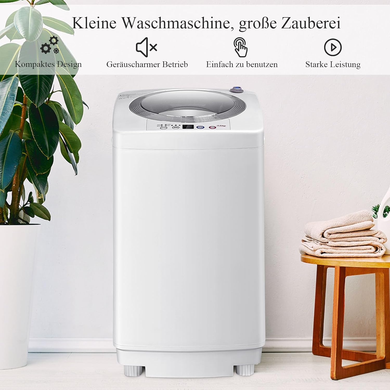 RELAX4LIFE Vollautomatische Waschmaschine 3,5 kg, Waschvollautomat mit Pump & Display, Toplader Miniwaschmaschine mit Schleuder & 6 Wasche-Modelle, 240W, für Camping & Wohnmobil, 43 x 43 x 75cm, Weiß