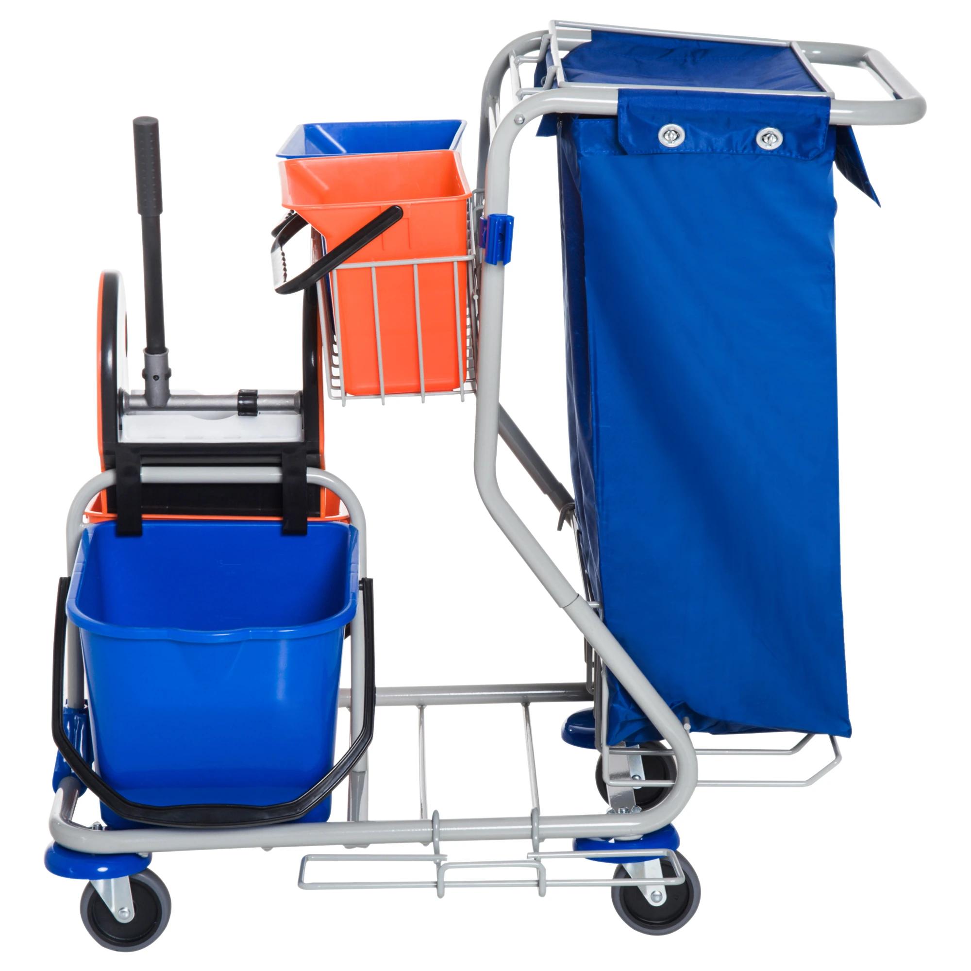 Schoonmaakwagen schoonmaaktrolley met wielen 4 verrijdbare emmers, dweilwagen, blauwe systeemwagen