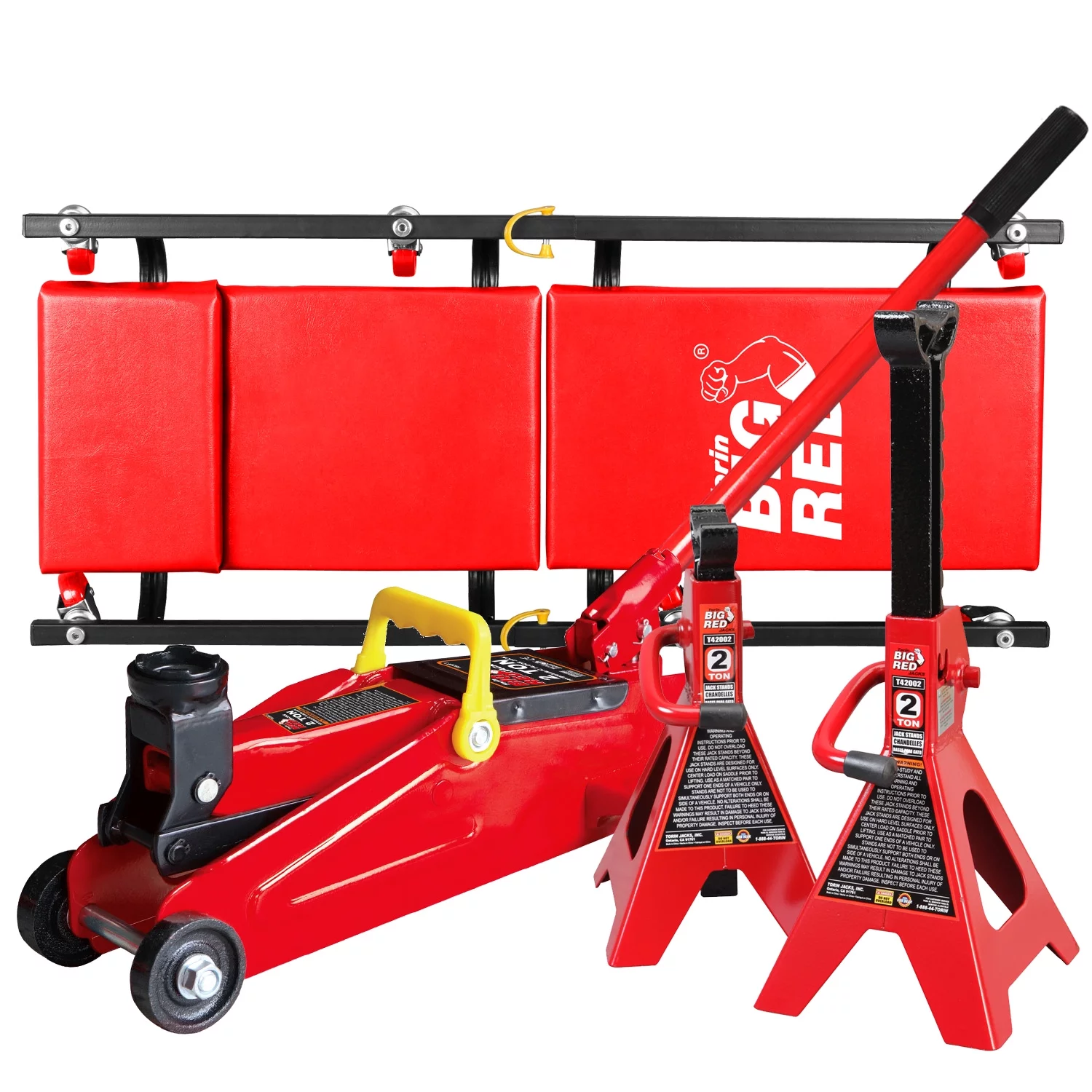 BIG RED 2-ton hydraulische krik, met 2 bokken en werkbank op wielen, rood, model W8200