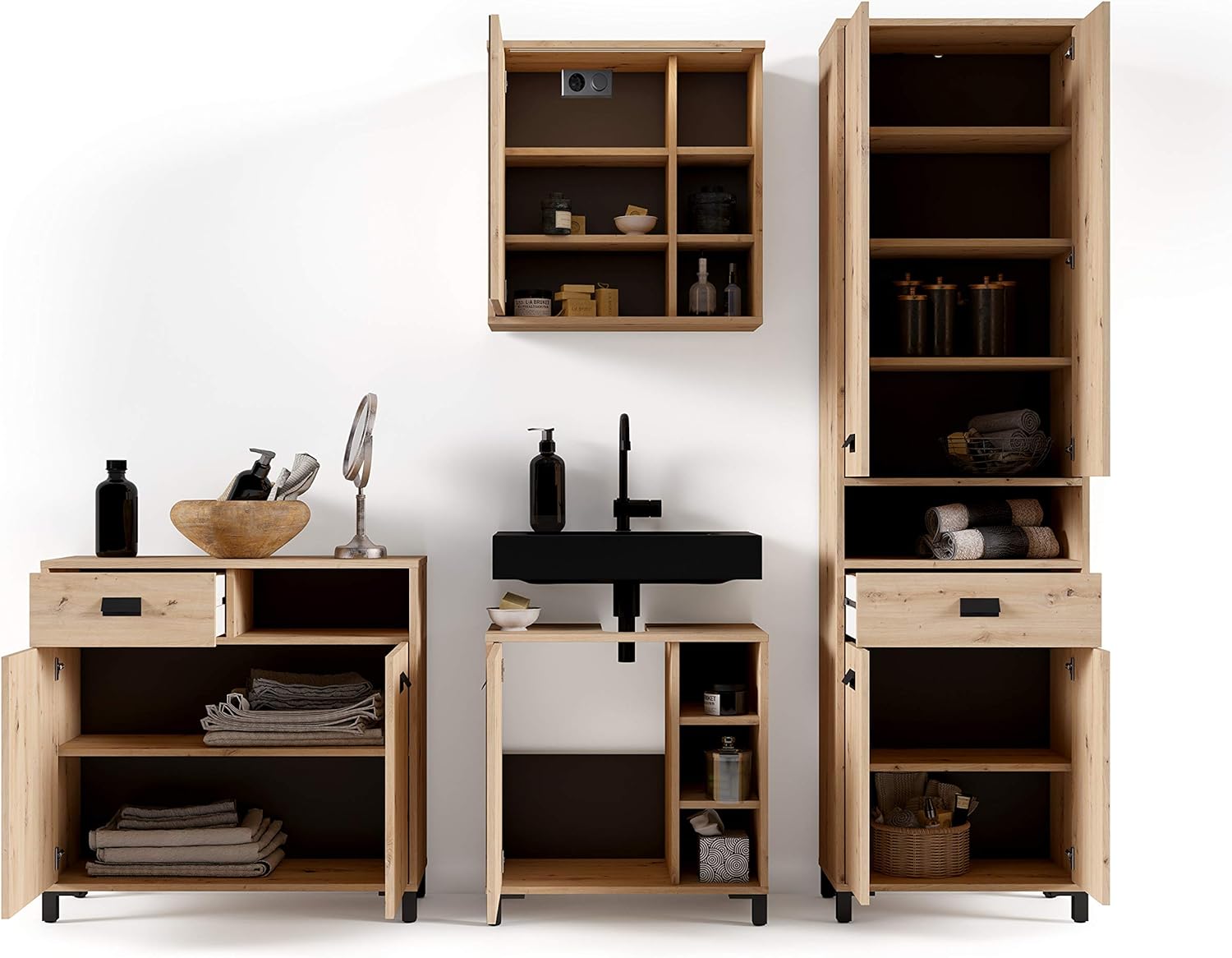 byLIVING Badezimmer-Hochschrank WELLNESS / Badschrank in Artisan Eiche Optik hell-braun / Griffe aus Metall in schwarz / Badezimmerschrank 4 Türen mit offenen Elementen / B 54, H 193, T 31 cm