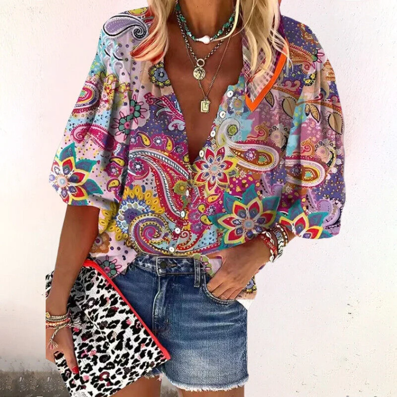 Damen Bluse im Boho-Stil mit Blumenprint | Luftige Sommerbluse mit weiten ?rmeln | Bequeme Passform f��r warme Sommertage