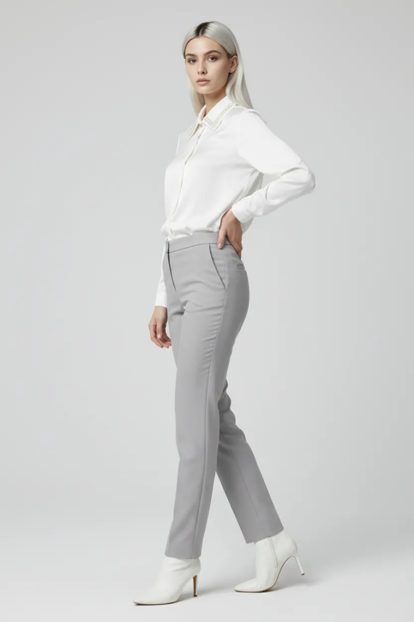 White Shirt with Cream Pearl Collar