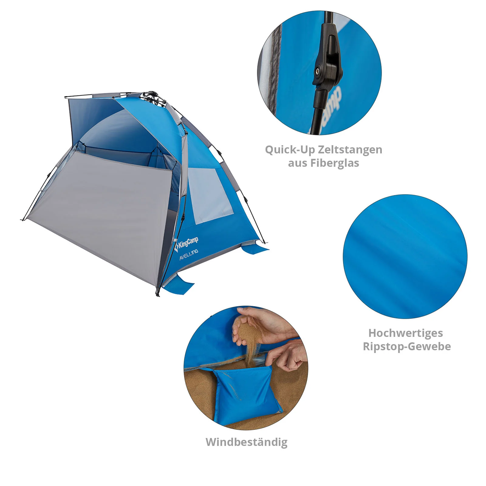KingCamp Avellino Automatische Strandtent �C UPF50+ zonbescherming, wind- & privacybescherming met hydraulisch frame, zandzakken & gaasramen