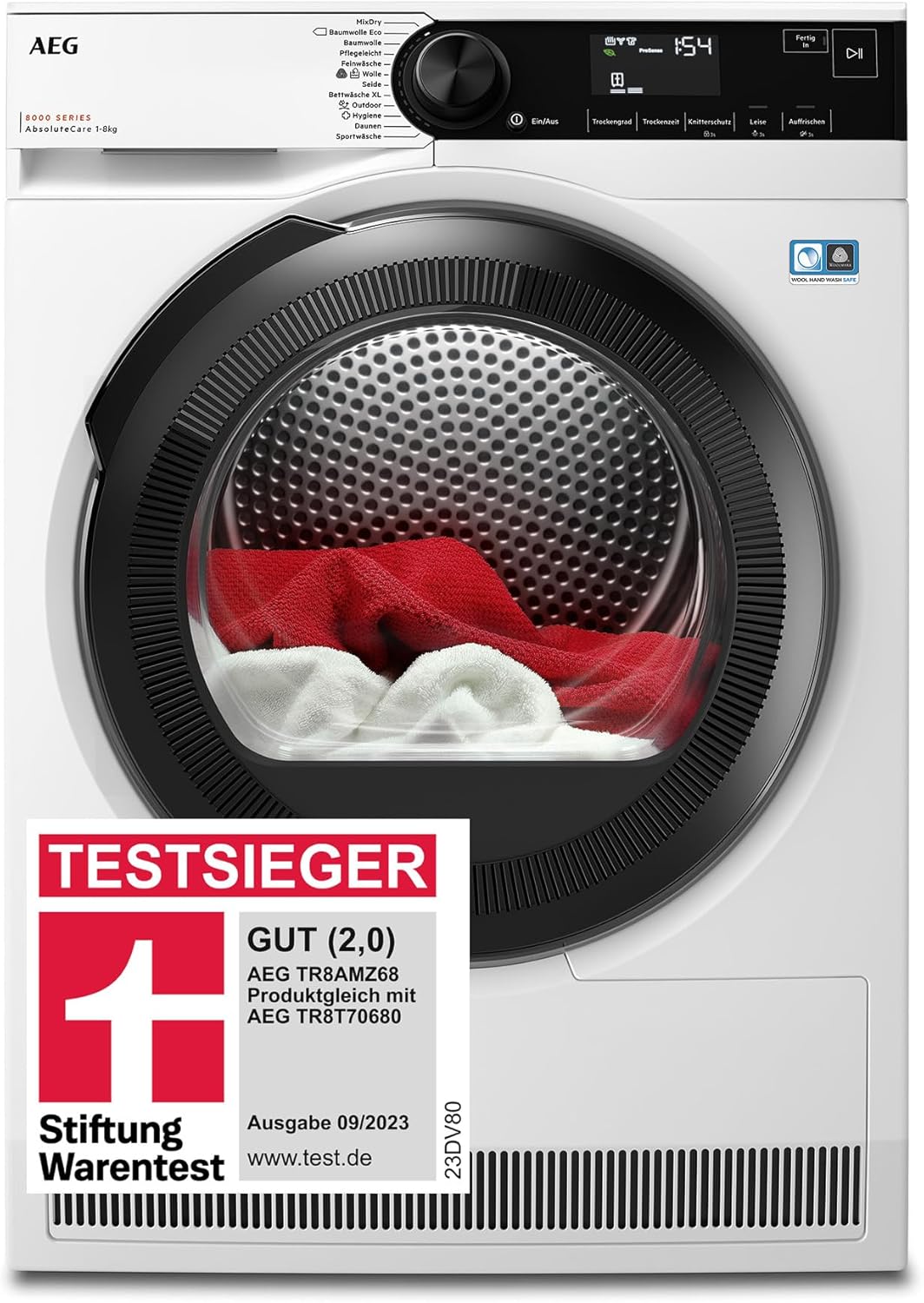AEG Wärmepumpentrockner 8 kg, Testsieger der Stiftung Warentest, Serie 8000 AbsoluteCare - Wolle- und Seidetrocknung, C, Energiesparend, Trommelbeleuchtung, Knitterschutz, Schontrommel, TR8AMZ68