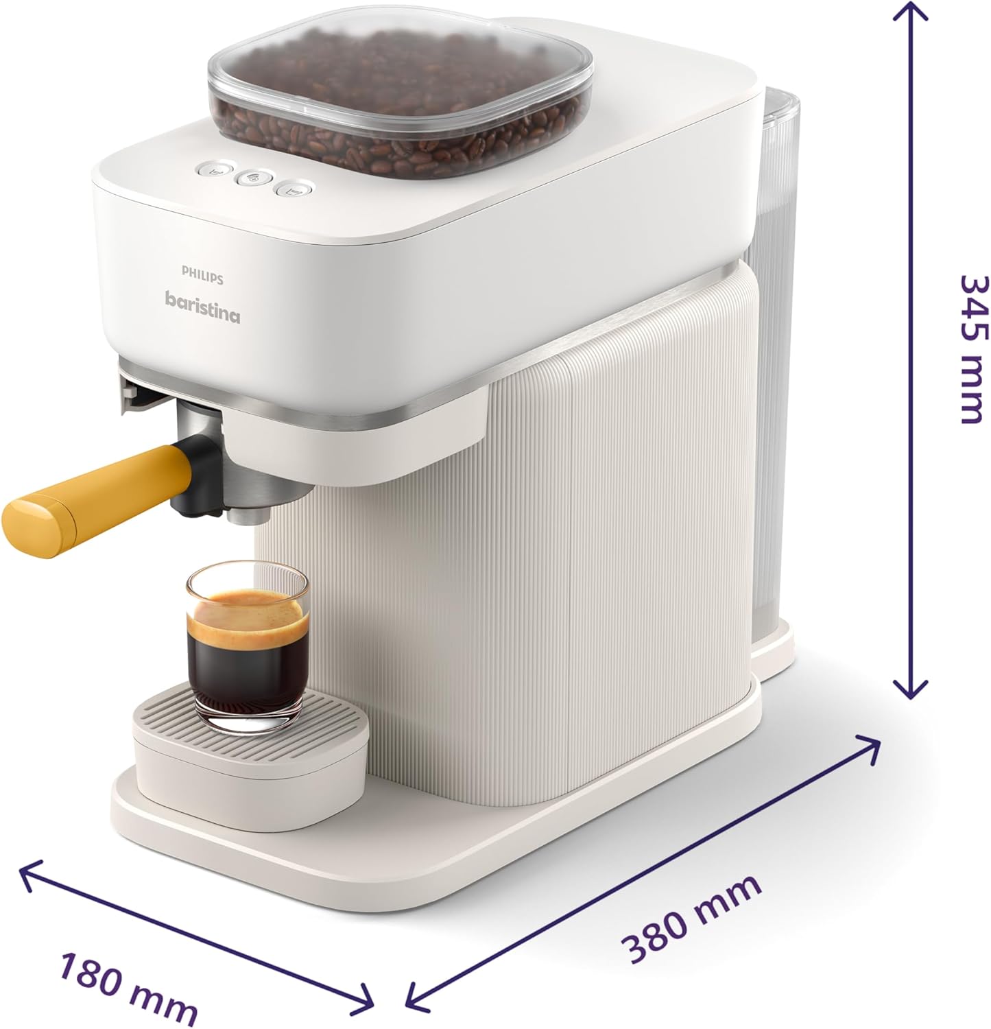 Baristina Espressomaschine – Automatisches Mahlen, Tampen & Brühen,16 Bar, Kaffeemaschine mit Mahlwerk & Siebträger, leichte Reinigung, Espresso & Café Crema, Naturweiß/Mangogelb (BAR305/03)